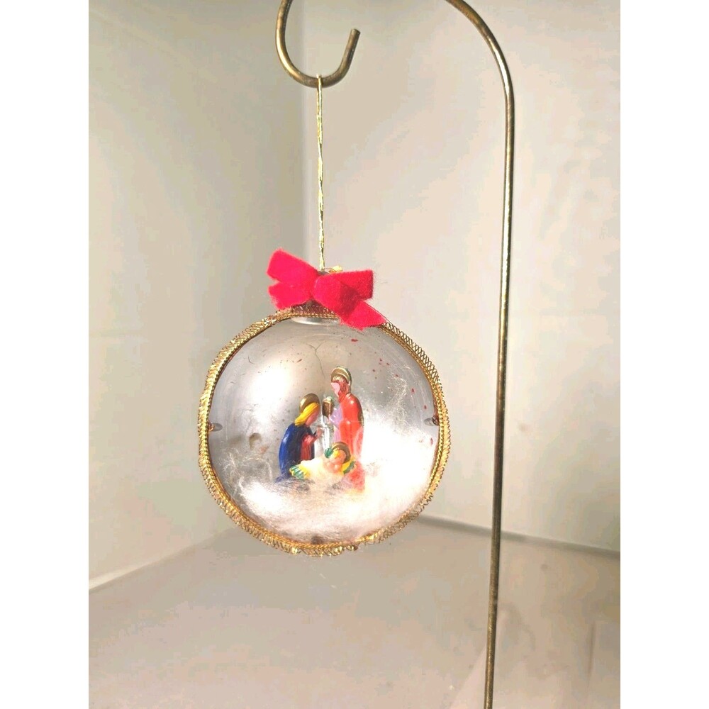Rare Vintage Red Jewel Brite Jesus Mary Joseph Plastic Christmas Ornament